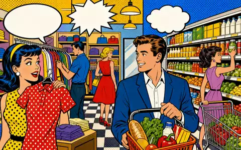 Associated British Foods plc GB0006731235 wird als farbenfrohe Pop-Art-Comicszene mit Kleidung und Lebensmittelregalen gezeigt - Foto: THN