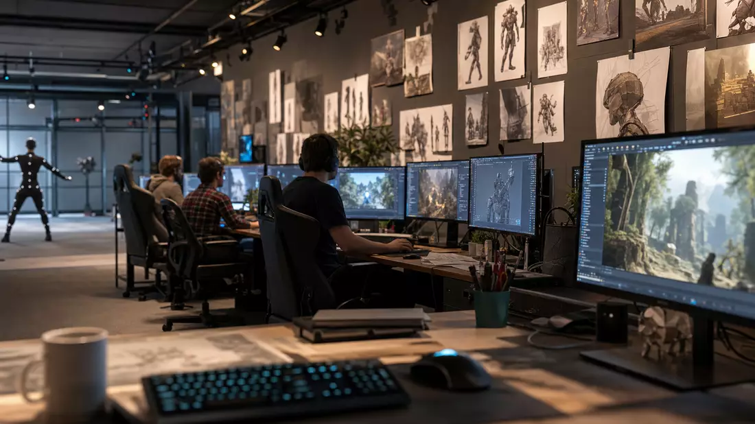Fotorealistische Szene eines Videospiel-Entwicklungsstudios mit Monitoren und Grafik-Workstations
