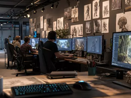 Fotorealistisches Bild zeigt Videospiel-Studio Arbeitsplatz, passend zu Ubisoft Entertainment SA, ISIN FR0000121691, Gaming-Branche Frankreich - Foto: THN
