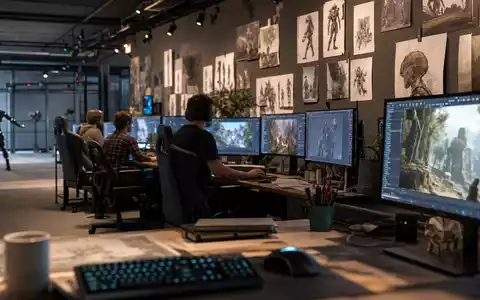 Fotorealistisches Bild zeigt Videospiel-Studio Arbeitsplatz, passend zu Ubisoft Entertainment SA, ISIN FR0000121691, Gaming-Branche Frankreich - Foto: THN