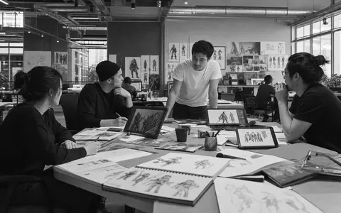 Schwarz-weiß-Reportagefoto illustriert Ubisoft Entertainment SA, ISIN FR0000121691, dokumentiert Alltag in einem Videospiel-Entwicklungsstudio in Frankreich - Foto: THN