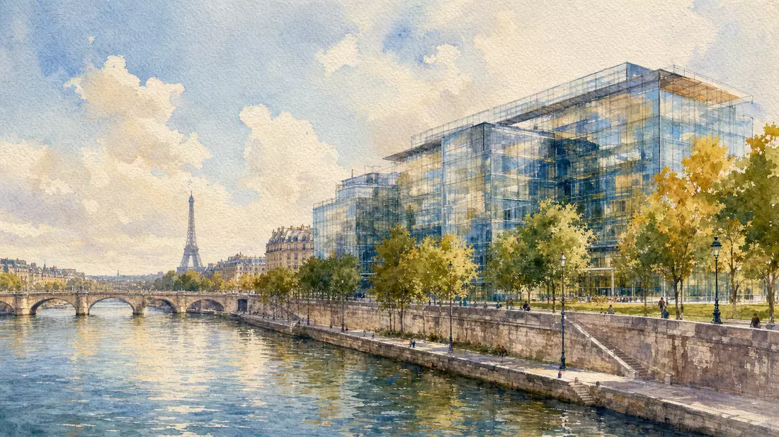 Aquarell-Illustration eines modernen Bürogebäudes am Flussufer in Paris