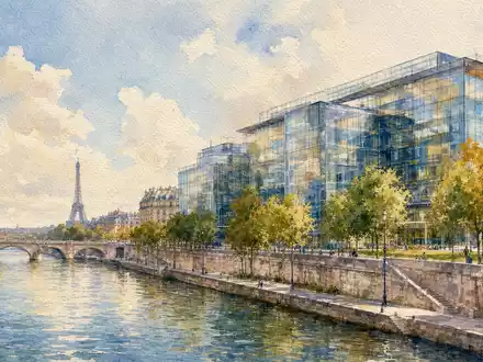 Aquarellmalerei zeigt Pariser Bürogebäude, symbolisiert Ubisoft Entertainment SA, ISIN FR0000121691, im Gaming-Sektor Frankreichs - Foto: THN
