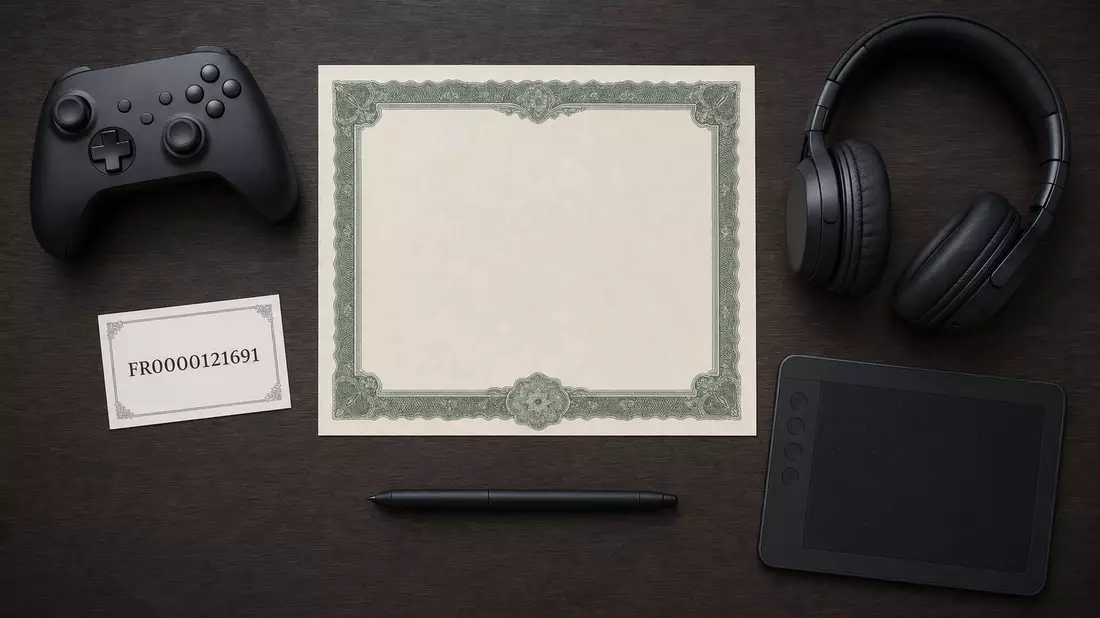 Flatlay mit Aktienzertifikat, ISIN-Karte, Gamepad und Kopfhörer auf Holztisch