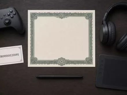 Flatlay-Arrangement kombiniert Aktienzertifikat und Gaming-Controller, repräsentiert Ubisoft Entertainment SA, ISIN FR0000121691, Videospielbranche - Foto: THN