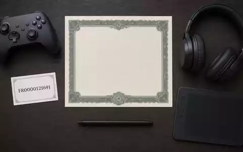 Flatlay-Arrangement kombiniert Aktienzertifikat und Gaming-Controller, repräsentiert Ubisoft Entertainment SA, ISIN FR0000121691, Videospielbranche - Foto: THN