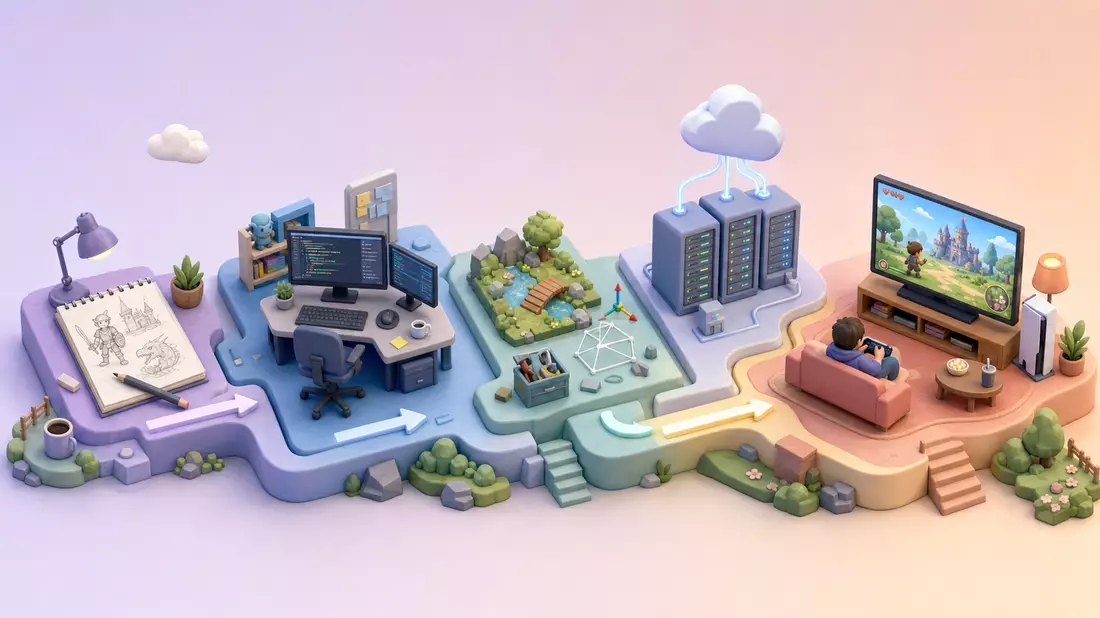 Isometrische 3D-Illustration der Wertschöpfungskette von Spielidee bis Vertrieb