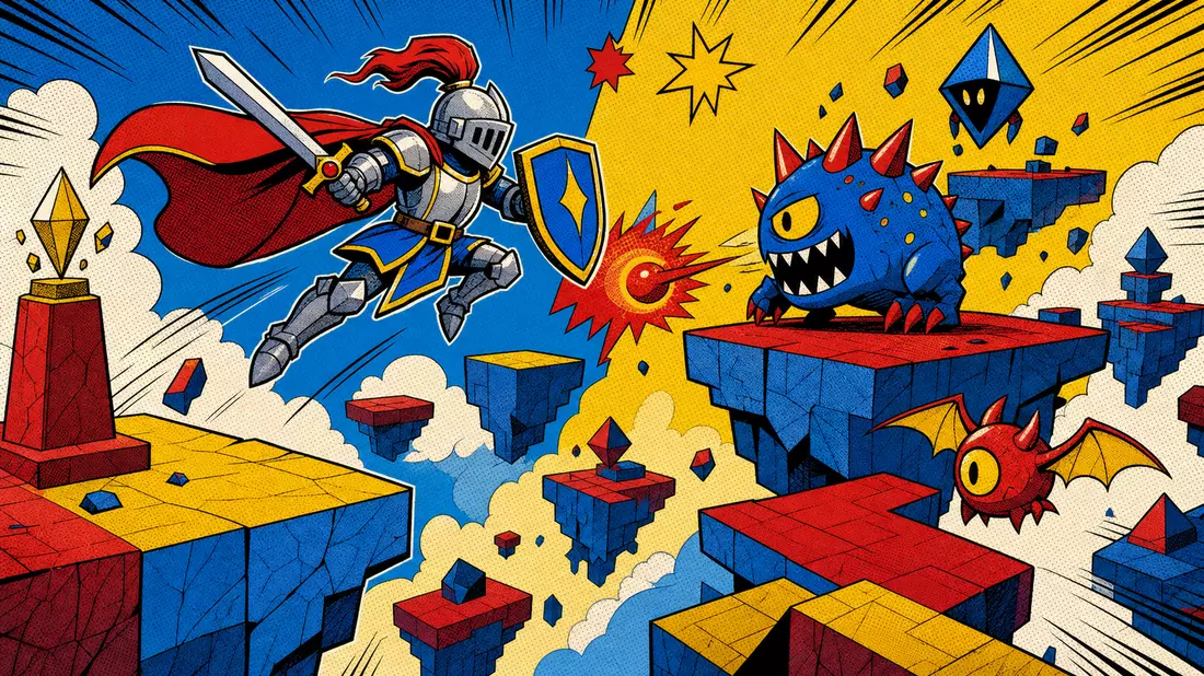 Bunte Pop-Art-Comic-Illustration einer Videospiel-Actionszene mit Halbtonpunkten