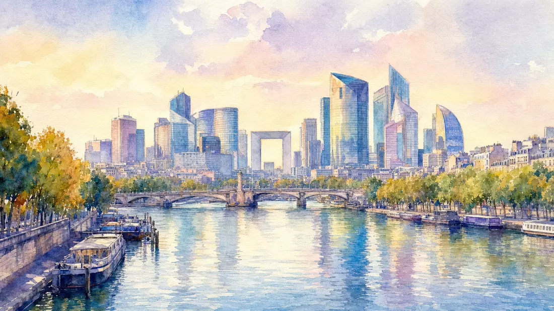 Aquarellmalerei der Pariser Skyline mit Seine und Finanzviertel-Türmen