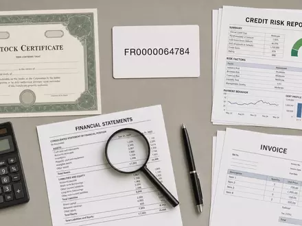 Coface SA (ISIN FR0000064784) symbolisiert dieses Flatlay mit Aktienzertifikat, ISIN-Karte und Kreditrisiko-Berichten auf dem Schreibtisch - Foto: THN