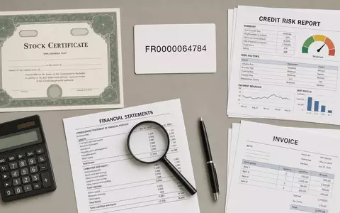 Coface SA (ISIN FR0000064784) symbolisiert dieses Flatlay mit Aktienzertifikat, ISIN-Karte und Kreditrisiko-Berichten auf dem Schreibtisch - Foto: THN