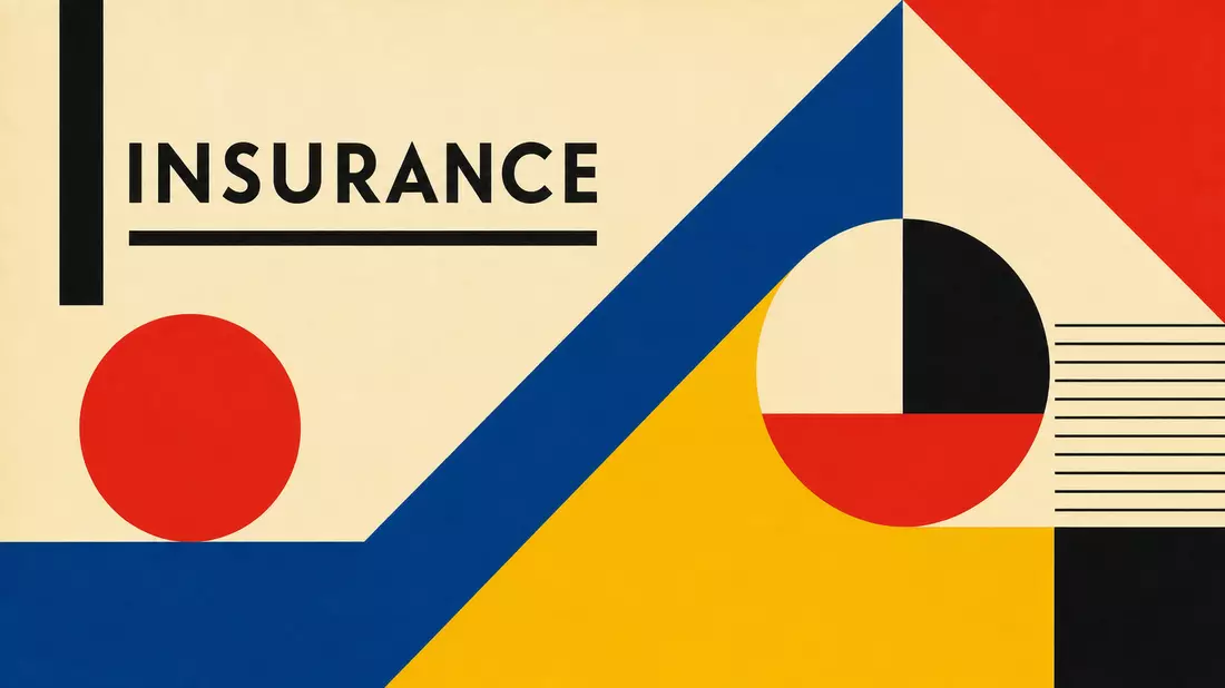 Bauhaus-Poster mit geometrischen Formen und dem Wort INSURANCE in klarer Typografie