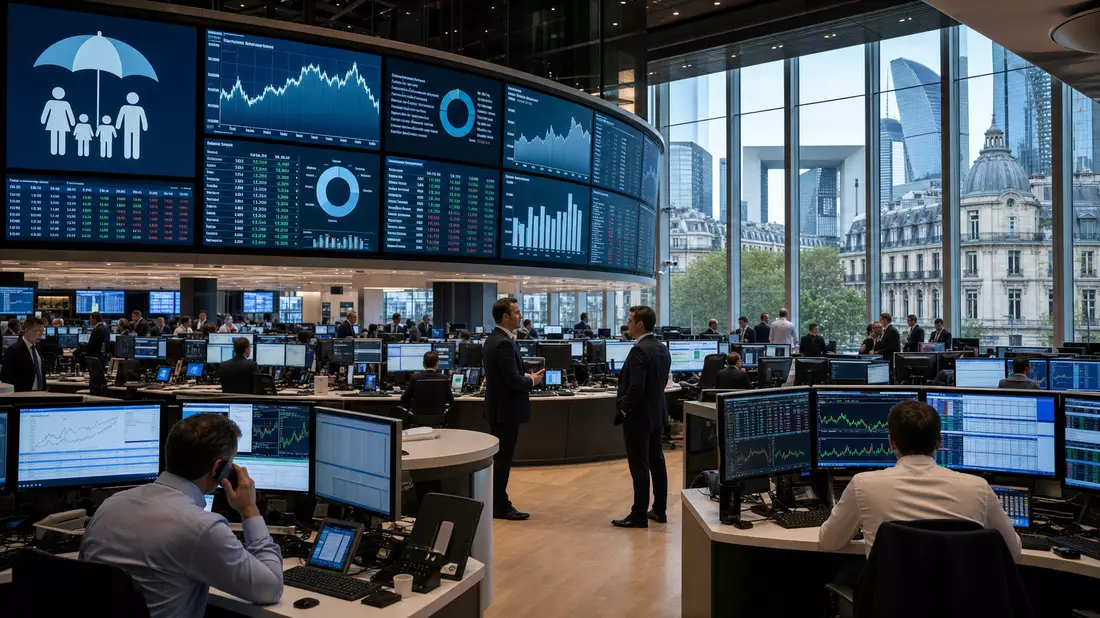Editorial-Aufnahme eines Börsenhandelssaals mit Bildschirmen und Finanzcharts in Paris
