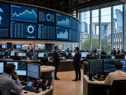 Coface SA (ISIN FR0000064784) wird an der Euronext Paris gehandelt, dargestellt durch diesen belebten Börsen-Handelssaal - Foto: THN