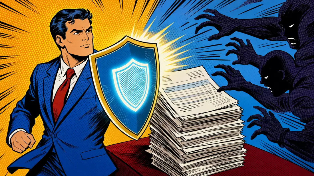 Pop-Art-Comic-Illustration einer Geschäftsperson mit leuchtendem Schutzschild vor Rechnungsstapel