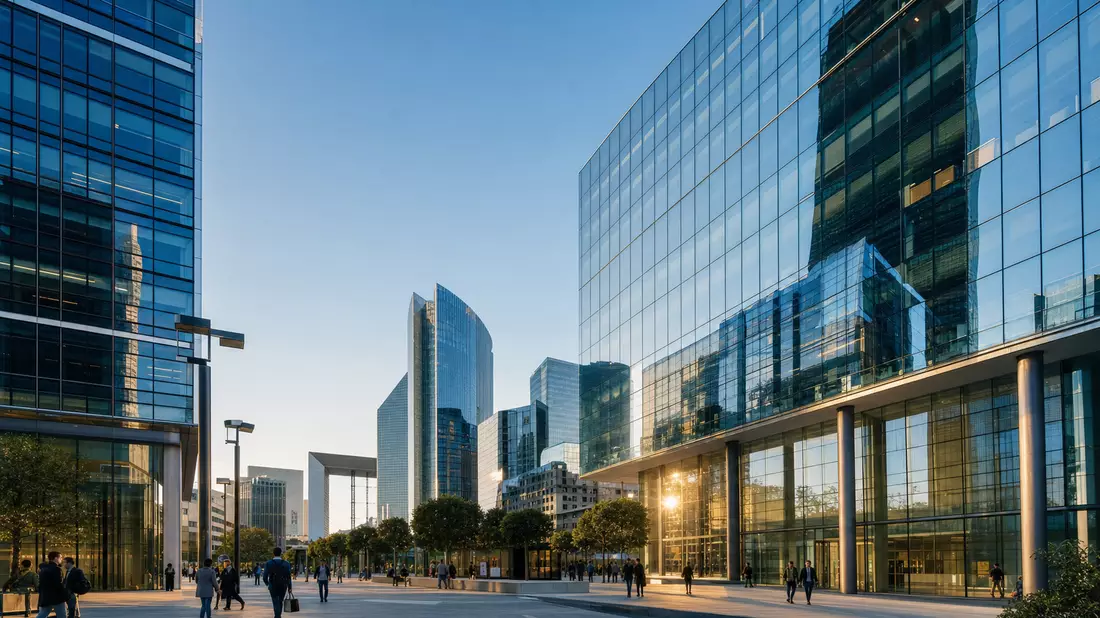 Moderne Glasbürotürme im Pariser Geschäftsviertel bei goldenem Licht