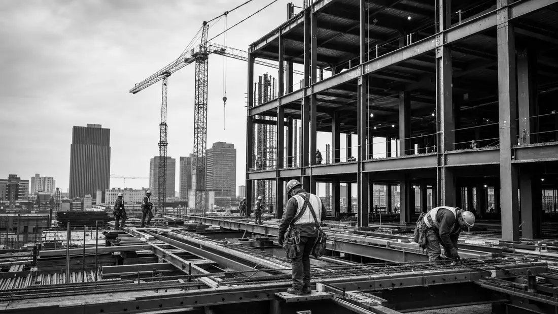 Schwarzweiß-Baustellenfoto eines Bürohochhauses mit Baukränen und Arbeitern