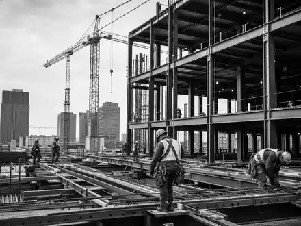Icade FR0000035081 dokumentiert Schwarzweiß-Reportage einer Baustelle für ein neues Büroimmobilien-Hochhaus mit Kränen - Foto: THN