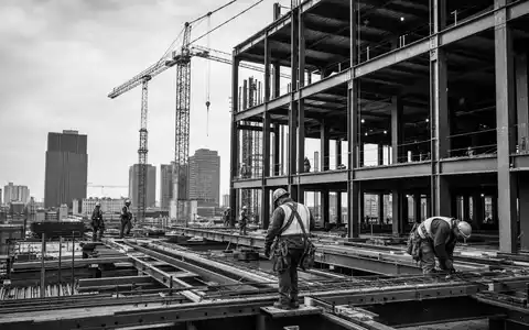 Icade FR0000035081 dokumentiert Schwarzweiß-Reportage einer Baustelle für ein neues Büroimmobilien-Hochhaus mit Kränen - Foto: THN