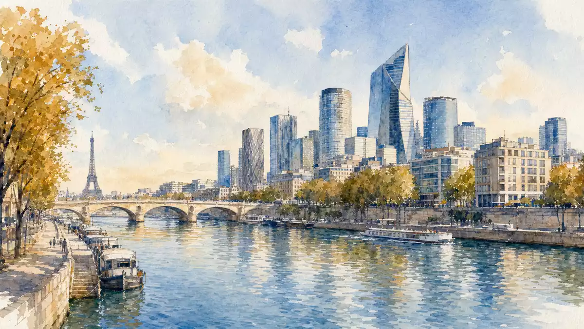 Aquarellbild der Pariser Skyline mit Bürotürmen entlang der Seine