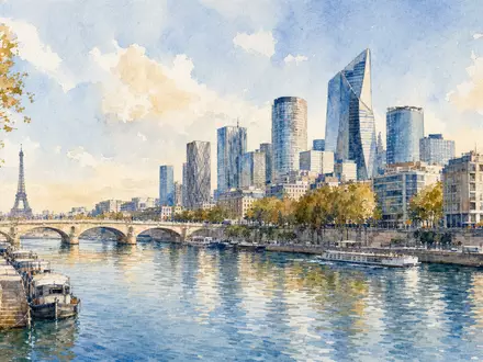 Icade FR0000035081 präsentiert Aquarellmalerei der Pariser Skyline mit Bürotürmen entlang der Seine - Foto: THN
