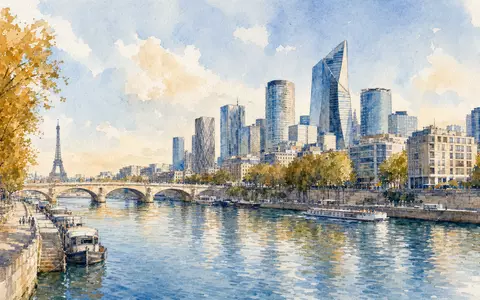 Icade FR0000035081 präsentiert Aquarellmalerei der Pariser Skyline mit Bürotürmen entlang der Seine - Foto: THN