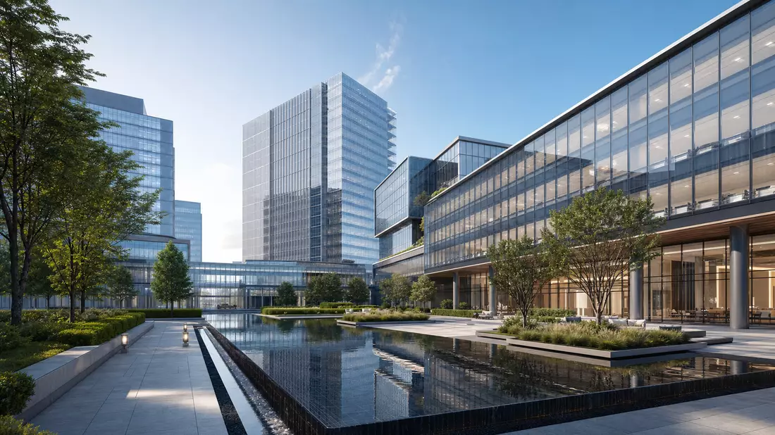 Architektur-Render eines modernen Glasbürokomplexes mit Innenhof und Wasserbecken