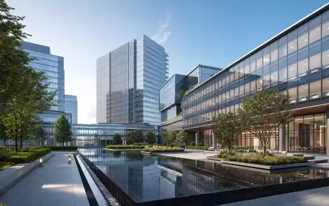 Icade FR0000035081 illustriert Architektur-Render eines modernen Bürohochhaus-Komplexes mit begrüntem Innenhof und Wasserbecken heute - Foto: THN