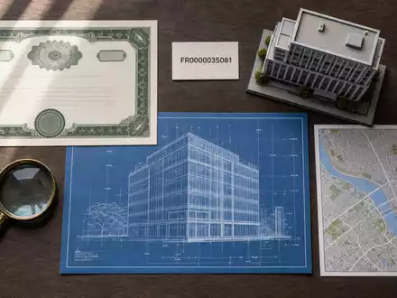 Icade FR0000035081 zeigt Flatlay mit Aktienzertifikat, ISIN-Karte, Bauplan und Immobilienmodell auf Holztisch - Foto: THN