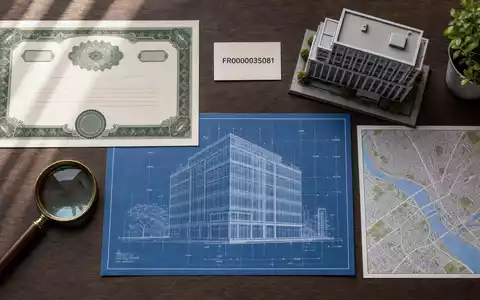 Icade FR0000035081 zeigt Flatlay mit Aktienzertifikat, ISIN-Karte, Bauplan und Immobilienmodell auf Holztisch - Foto: THN