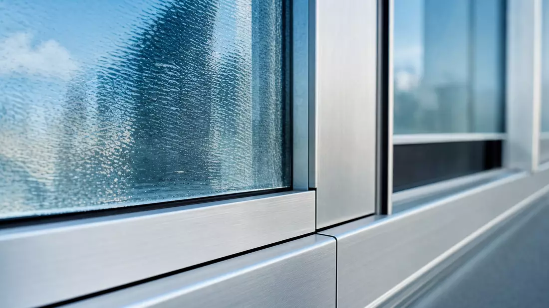 Makroaufnahme einer strukturierten Glasfassade mit Aluminiumrahmen