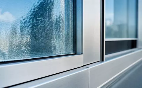 Icade FR0000035081 bildet Makroaufnahme einer strukturierten Glasfassade mit Aluminiumrahmen einer Büroimmobilie ab - Foto: THN