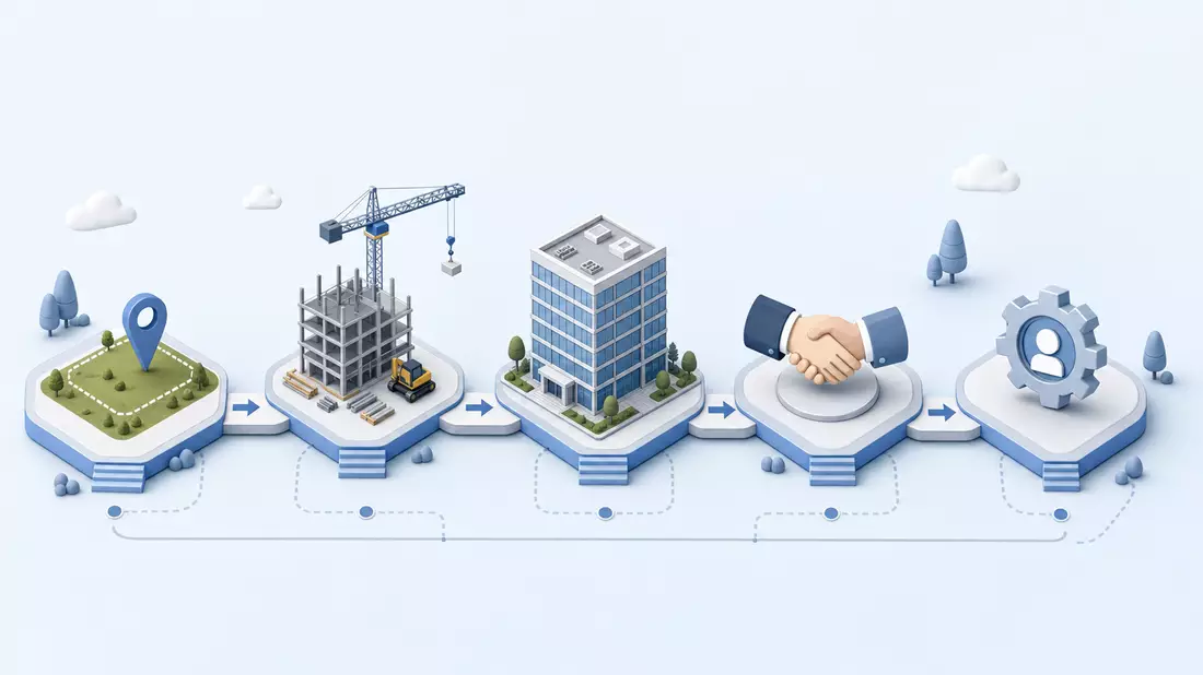 Isometrisches 3D-Diagramm der Immobilien-Wertschöpfungskette von Bau bis Vermietung