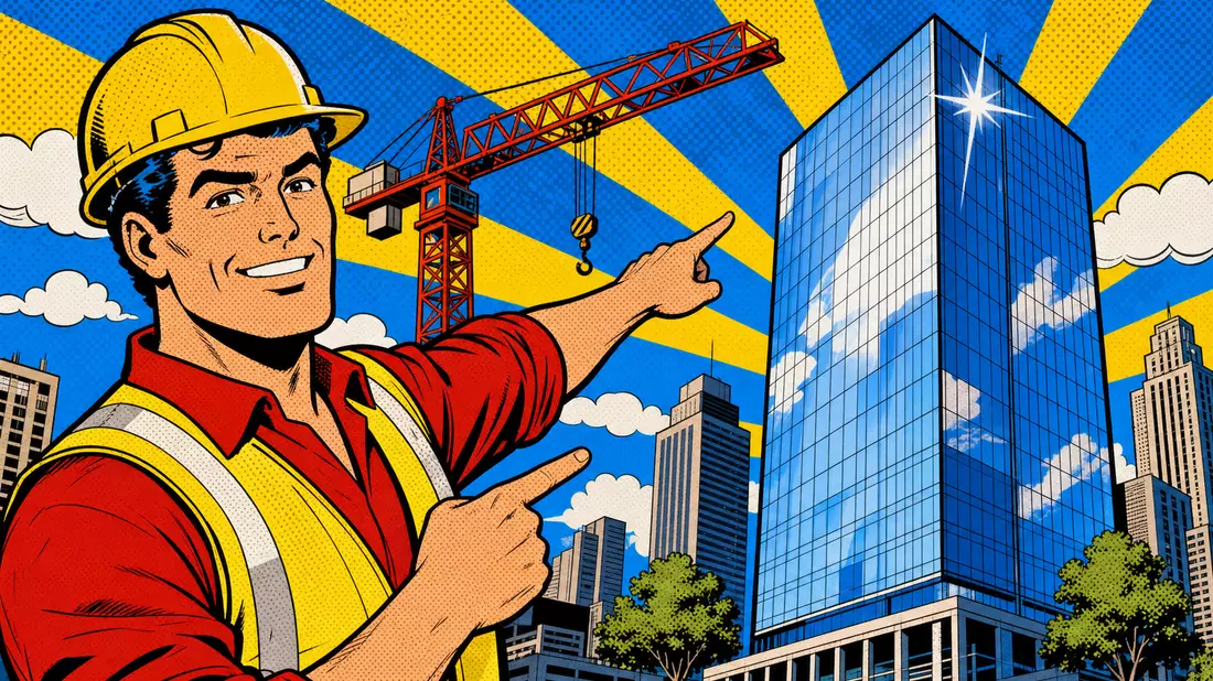 Pop-Art-Comic mit Bauarbeiter, der auf einen neuen Büroturm zeigt