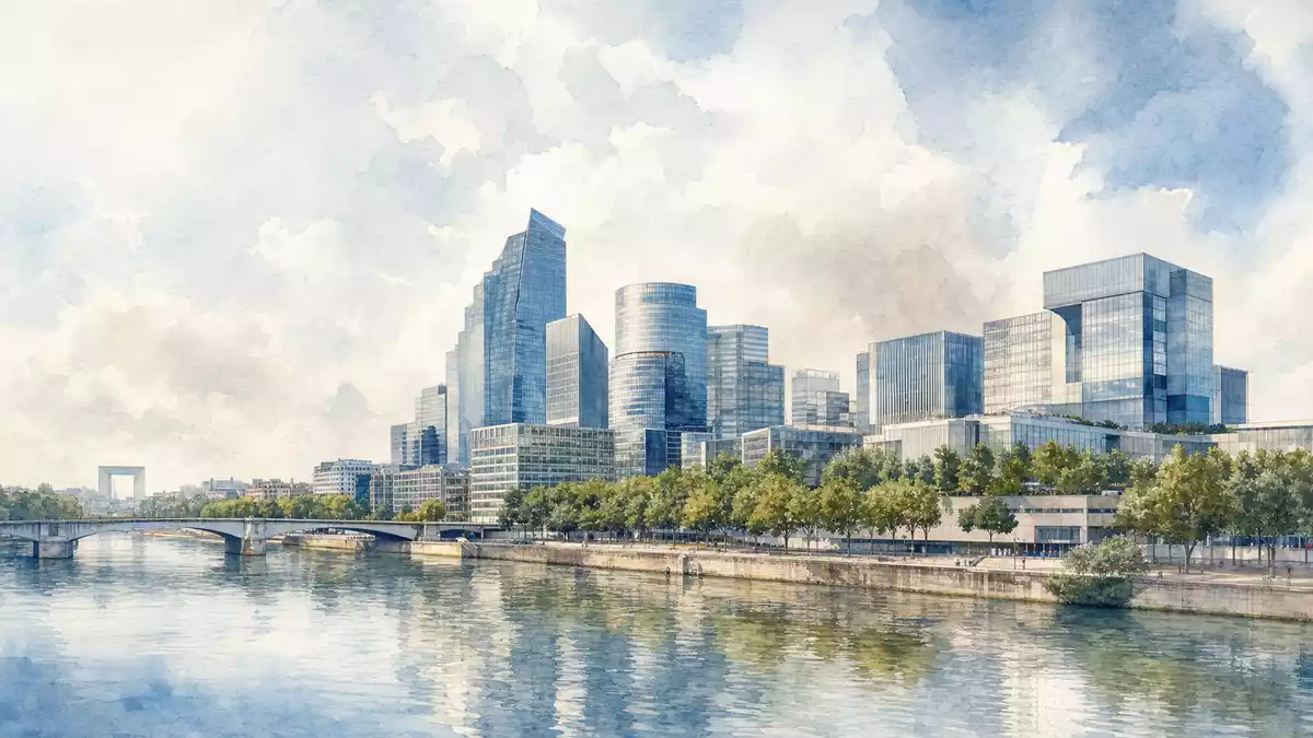 Aquarellmalerei einer modernen Bürolandschaft nahe Paris am Flussufer