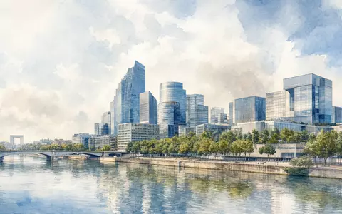 Aquarell zeigt Bürolandschaft, Standort des Automobilzulieferers OPmobility SE (Plastic Omnium), ISIN FR0000121253, künstlerisch dargestellt - Foto: THN