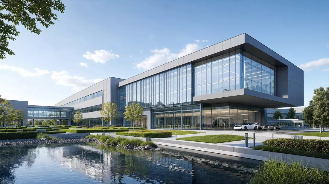 3D-Architekturvisualisierung eines modernen Forschungs- und Entwicklungscampus mit Glasfassade