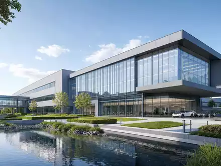 Architektur-Render zeigt Forschungscampus des Automobilzulieferers OPmobility SE (Plastic Omnium), ISIN FR0000121253, mit moderner Glasfassade - Foto: THN