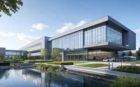 Architektur-Render zeigt Forschungscampus des Automobilzulieferers OPmobility SE (Plastic Omnium), ISIN FR0000121253, mit moderner Glasfassade - Foto: THN
