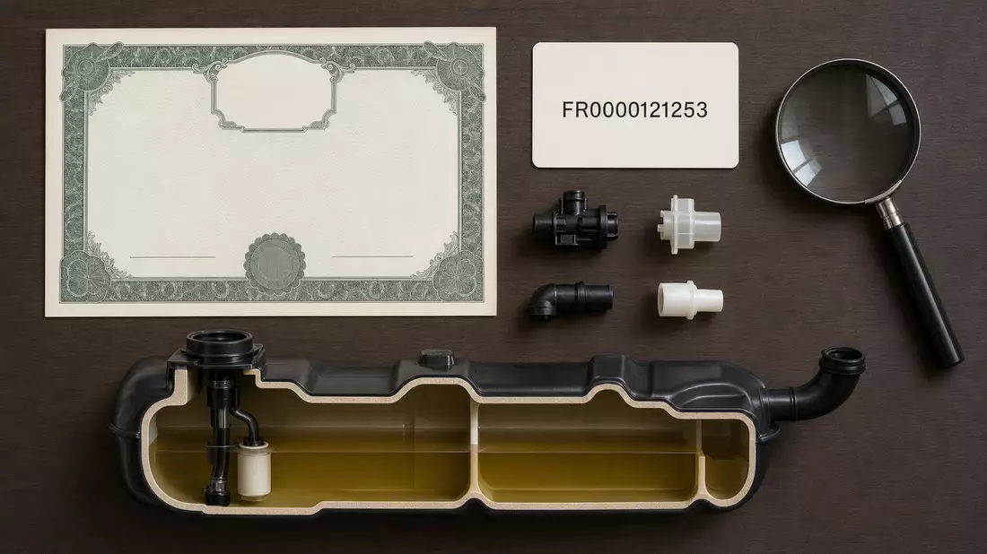 Flatlay mit Aktienzertifikat, ISIN-Karte und Kunststoff-Automobilteilen auf Holztisch