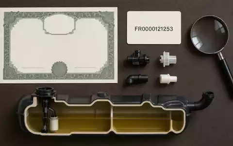 Flatlay-Arrangement prĂ€sentiert Aktienzertifikat, ISIN-Karte FR0000121253 und Kunststoffteile, symbolisch fĂŒr OPmobility SE (Plastic Omnium) - Foto: THN