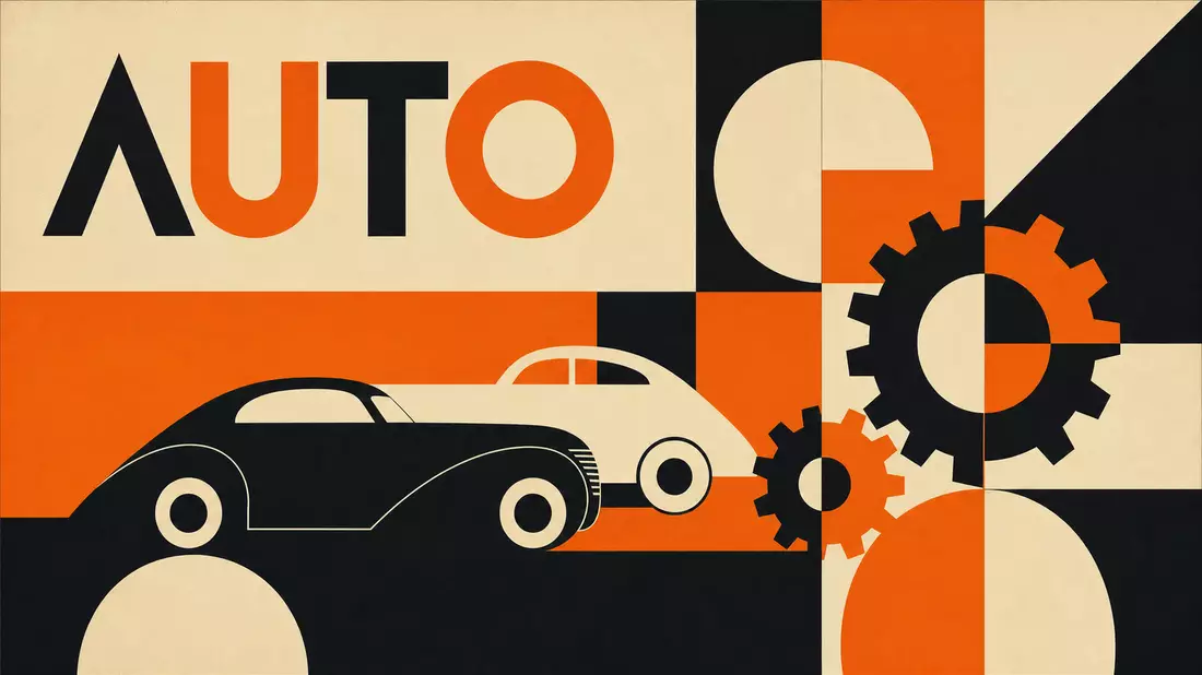 Geometrisches Bauhaus-Poster mit stilisiertem Auto, Zahnrädern und Text AUTO