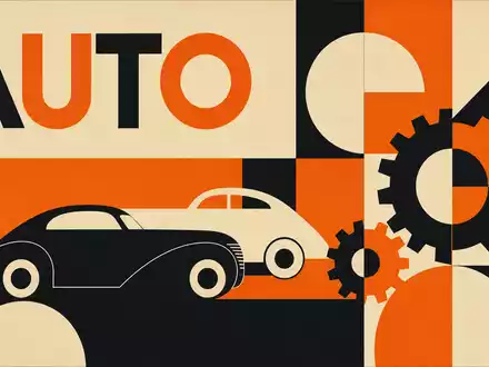 Bauhaus-Poster interpretiert geometrisch die Branche von OPmobility SE (Plastic Omnium), ISIN FR0000121253, mit stilisiertem Fahrzeug - Foto: THN