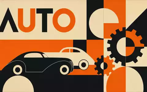 Bauhaus-Poster interpretiert geometrisch die Branche von OPmobility SE (Plastic Omnium), ISIN FR0000121253, mit stilisiertem Fahrzeug - Foto: THN