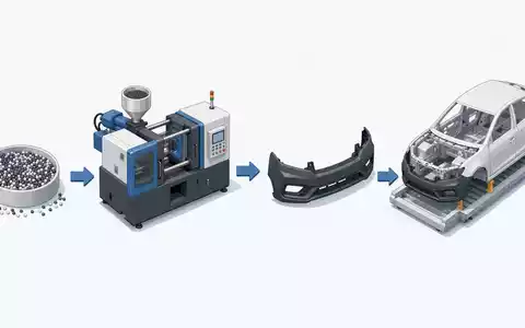 Isometrische 3D-Grafik erklÀrt Wertschöpfungskette von OPmobility SE (Plastic Omnium), ISIN FR0000121253, bis zum Fahrzeugmodul - Foto: THN