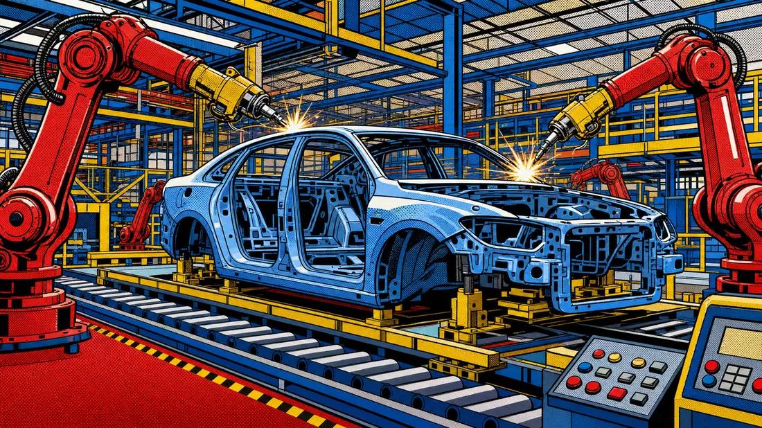Pop-Art-Comic mit Roboterarmen und Fahrzeugkarosserie in bunter Fabrikszene