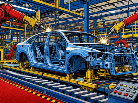 Pop-Art-Comic zeigt Fertigungsszene, passend zum GeschÀft von OPmobility SE (Plastic Omnium), ISIN FR0000121253, Automobilzulieferer - Foto: THN