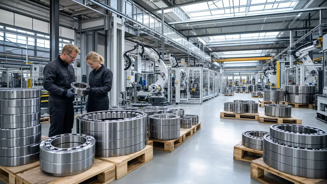 Fotorealistische Industriehalle mit Wälzlagerproduktion, Metallteile und Fertigungsanlagen