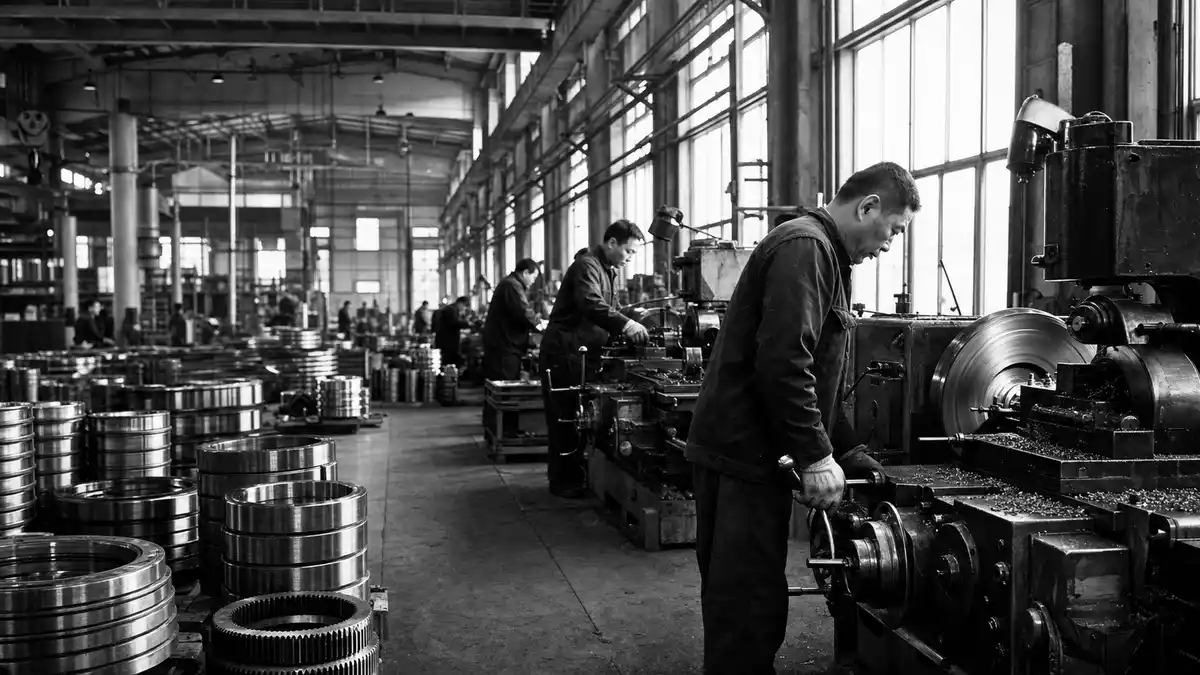Schwarzweiß-Reportagefoto von Arbeitern in einer Wälzlagerfabrik