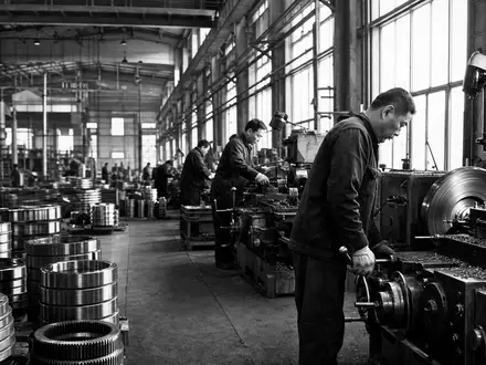 Dokumentarische Schwarzweiß-Aufnahme von SKF AB (ISIN SE0000108227) Fabrikarbeitern bei Wälzlagerfertigung in Industriehalle - Foto: THN
